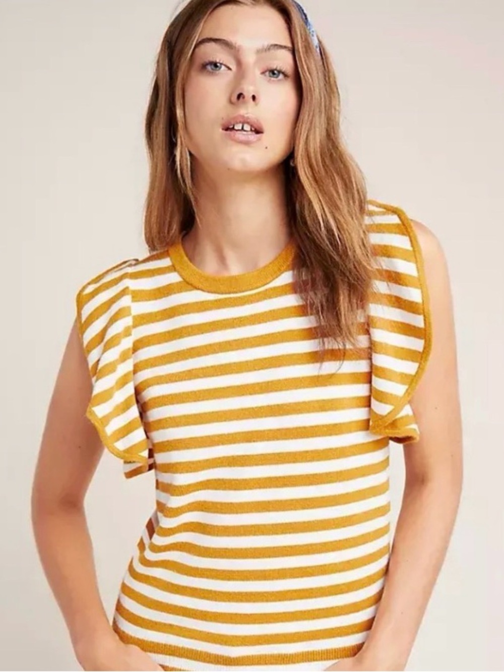 Anthropologie Jillian Flutter-Sleeved Top Striped Mustard & White Ruffle Sleeve